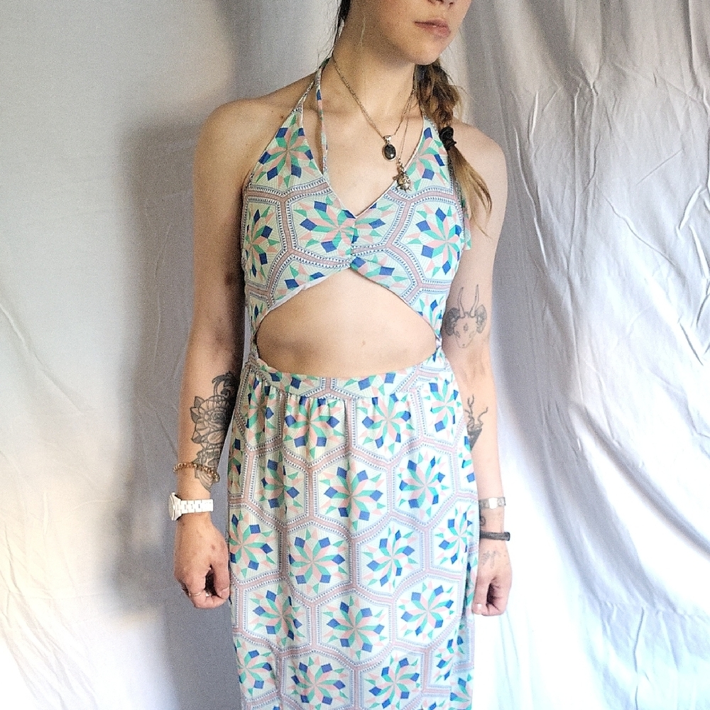 Blue Green Halter Backless Sundress Resort Wear
